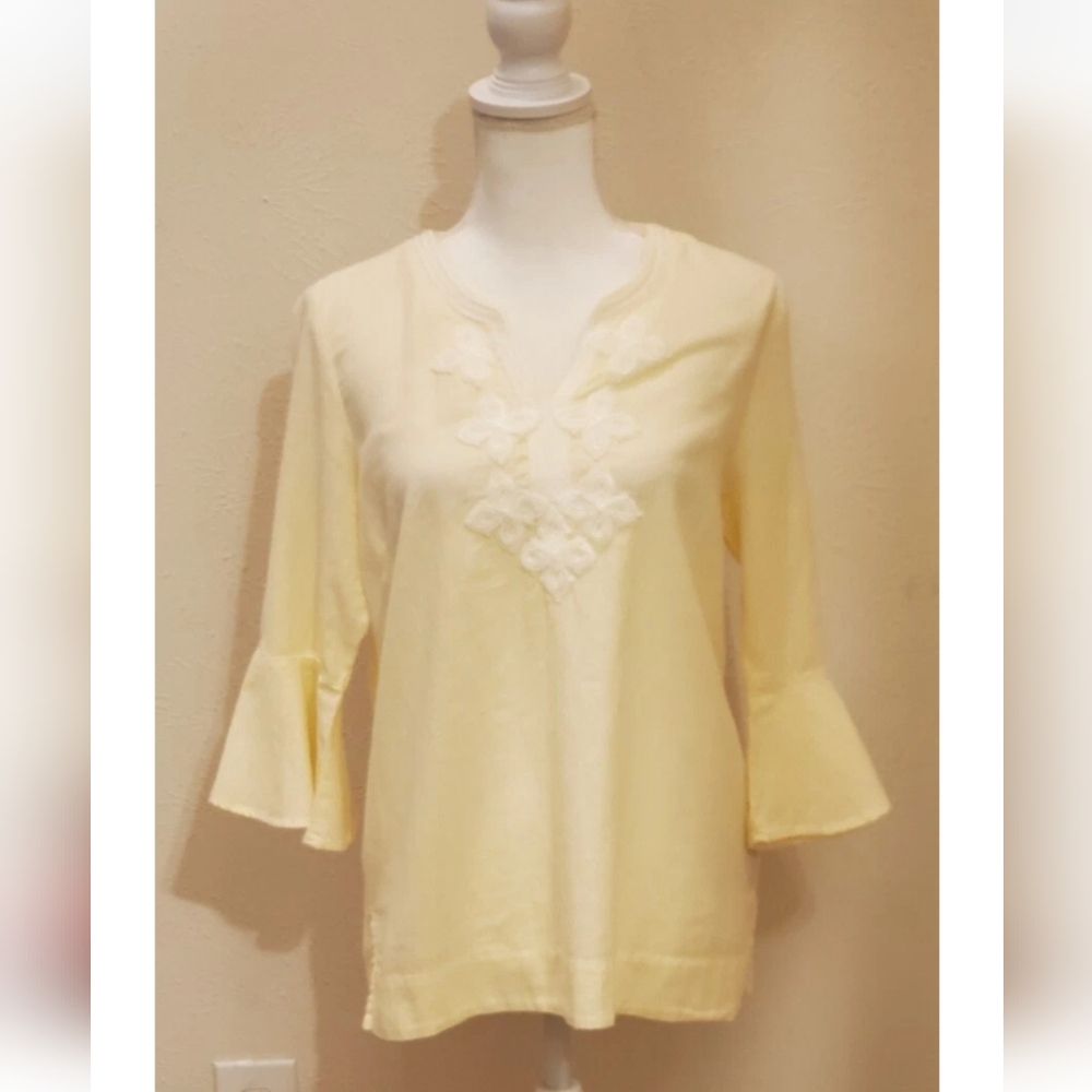 Zac & Rachel Yellow Bell Sleeve Stripe Top Ruffled Details L 100% Cotton Office